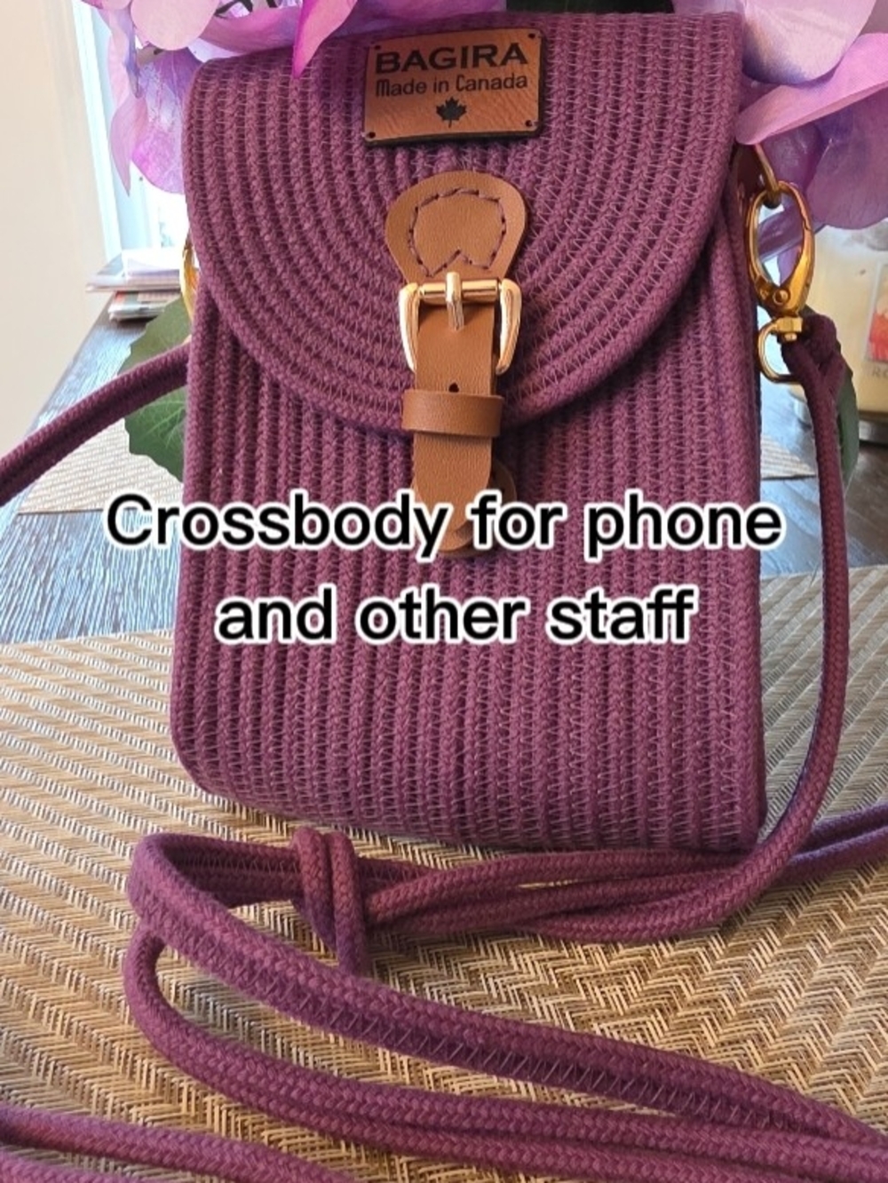💜Purple Knit Crossbody Phone Bag with Tan Accent - Handmade By Me In Canada